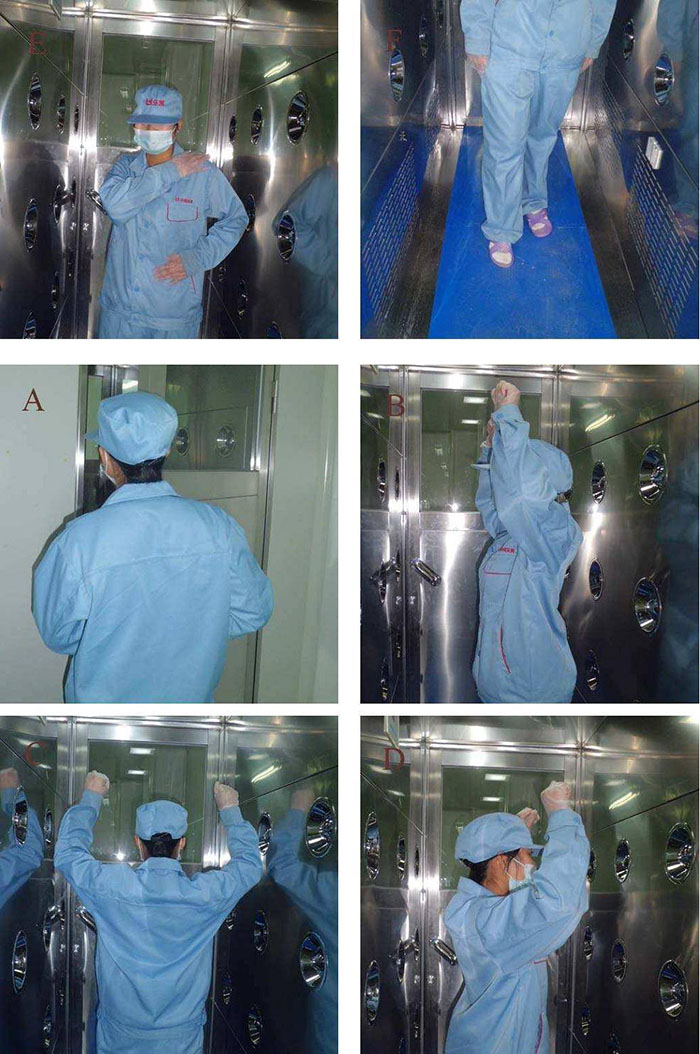 進(jìn)入風(fēng)淋室前無塵服應(yīng)穿著得當(dāng),袖口和領(lǐng)口需拉緊,避免衣物內(nèi)外的塵埃進(jìn)入。 進(jìn)入風(fēng)淋室前無塵服應(yīng)穿著得當(dāng),袖口和領(lǐng)口需拉緊,避免衣物內(nèi)外的塵埃進(jìn)入。